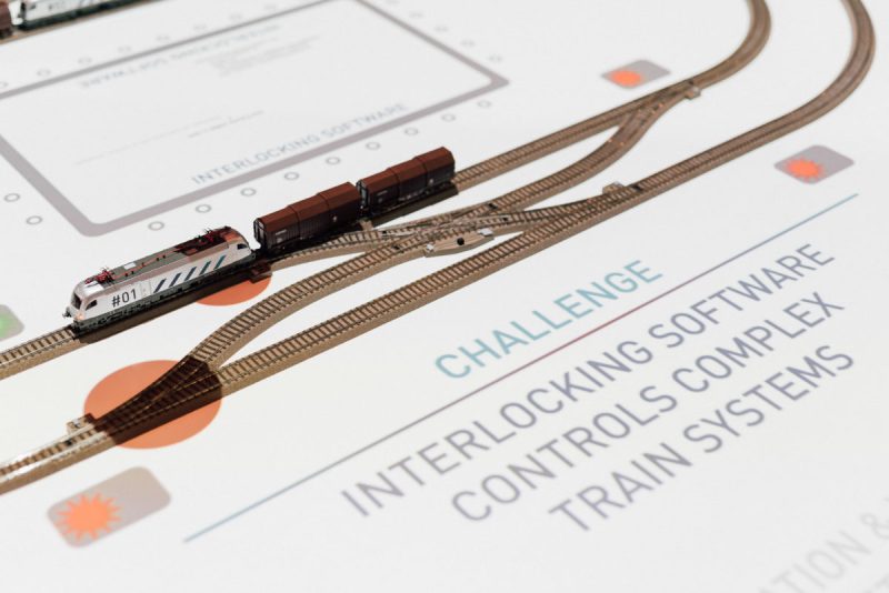 Projection on interlocking software: model locomotive #01 passing a switch marked with warning icons