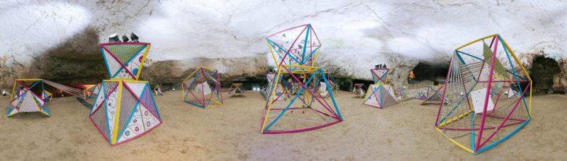 Jerusalem station: panorama of a cave filled with walk-in frame sculptures made of colourful wooden slats