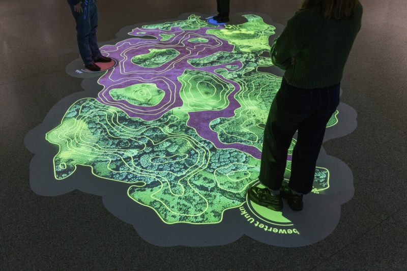 Visitors standing around a glowing green floor projection of contour lines and forest terrain