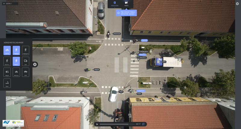 Screenshot: aerial view of an intersection with labelled road users and a selection menu